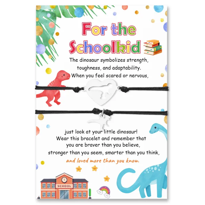 2 Pcs Dinosaur Bracelet Set Back to School Gift with Gift Card Adjustable Bracelet Gift for Schoolkid