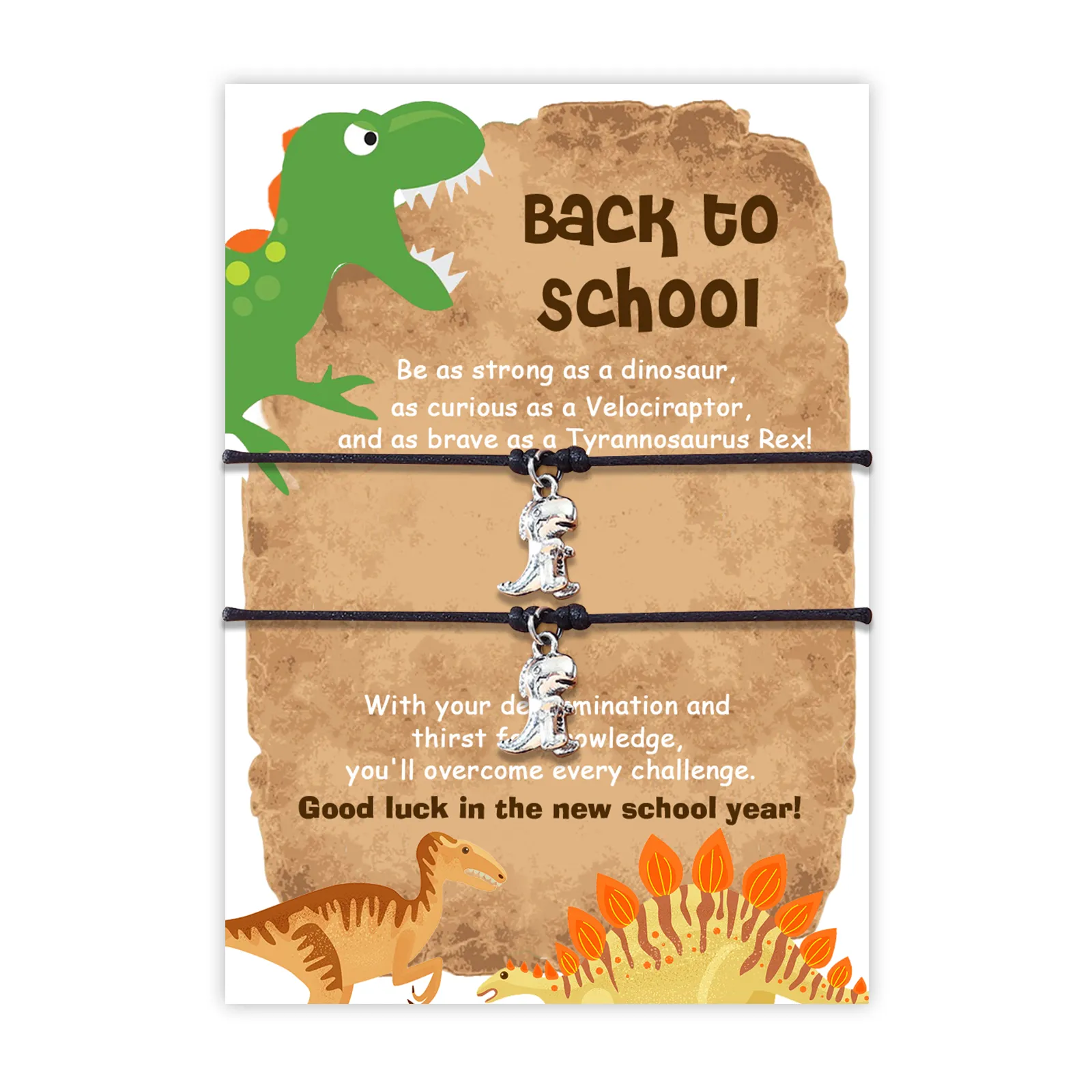2 Pcs Dinosaur Bracelet Set Back to School Gift with Gift Card Adjustable Bracelet Gift for Son/Daughter