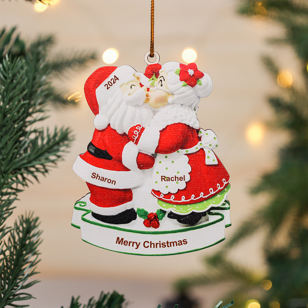 2 Names - Personalized Santa Claus Ornament Customized Text & Year & Name Wooden Hanging Ornament Couple Gift