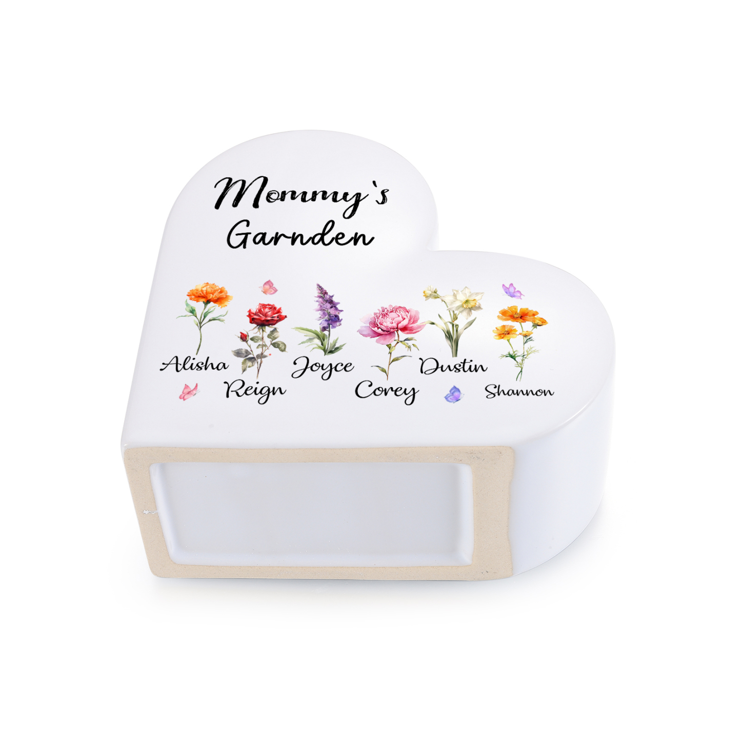 Personalized Heart Shaped Ceramic Vase Grandma’S Garden Custom With 1–12 Birth Flowers And Names