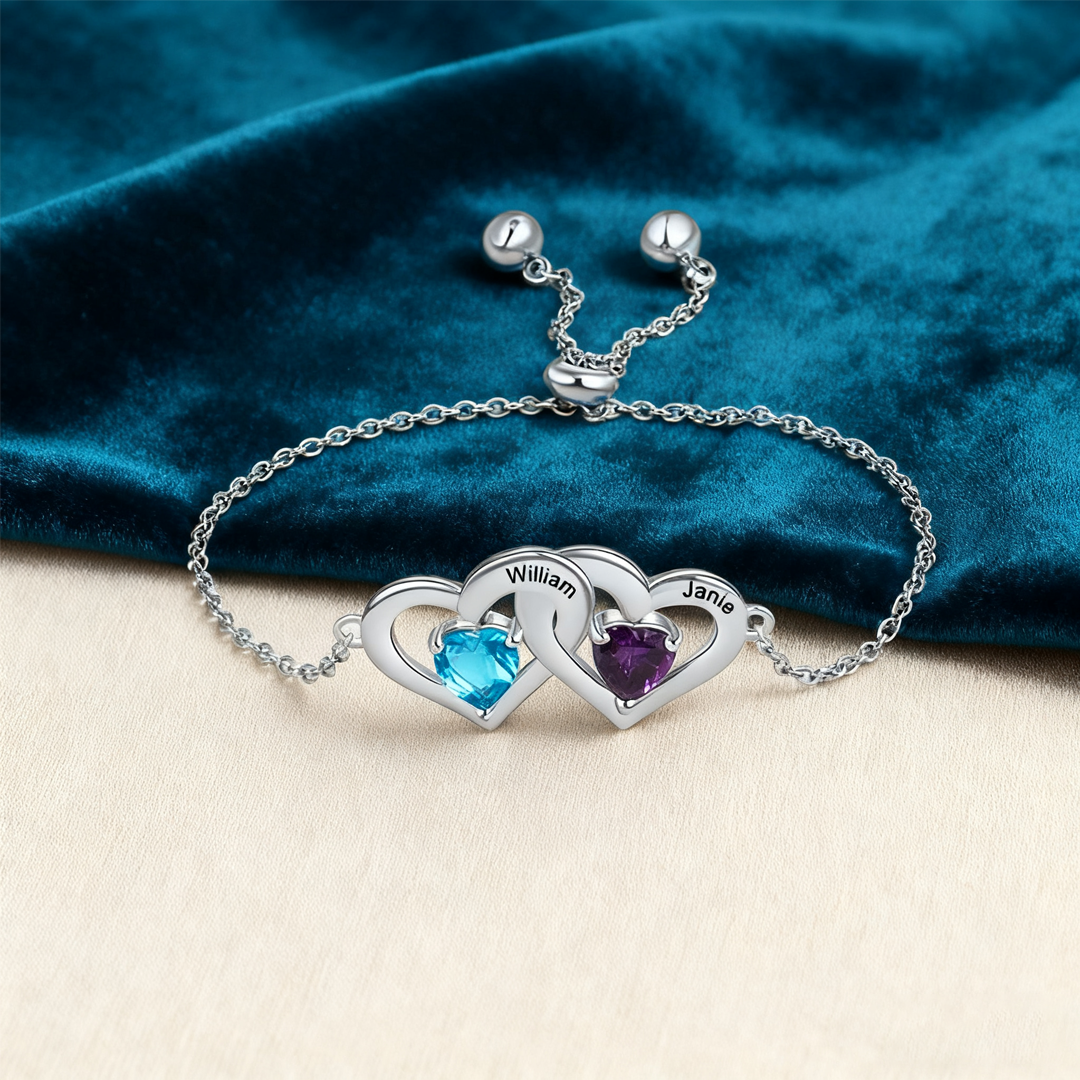 Personalized Heart Bracelet With 2 Birthstones Engraved Names Bracelet Gift For Women