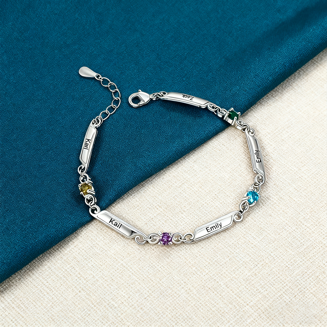Personalized Family Name Bracelet With 1 Birthstones Engraved Names Gift For Her