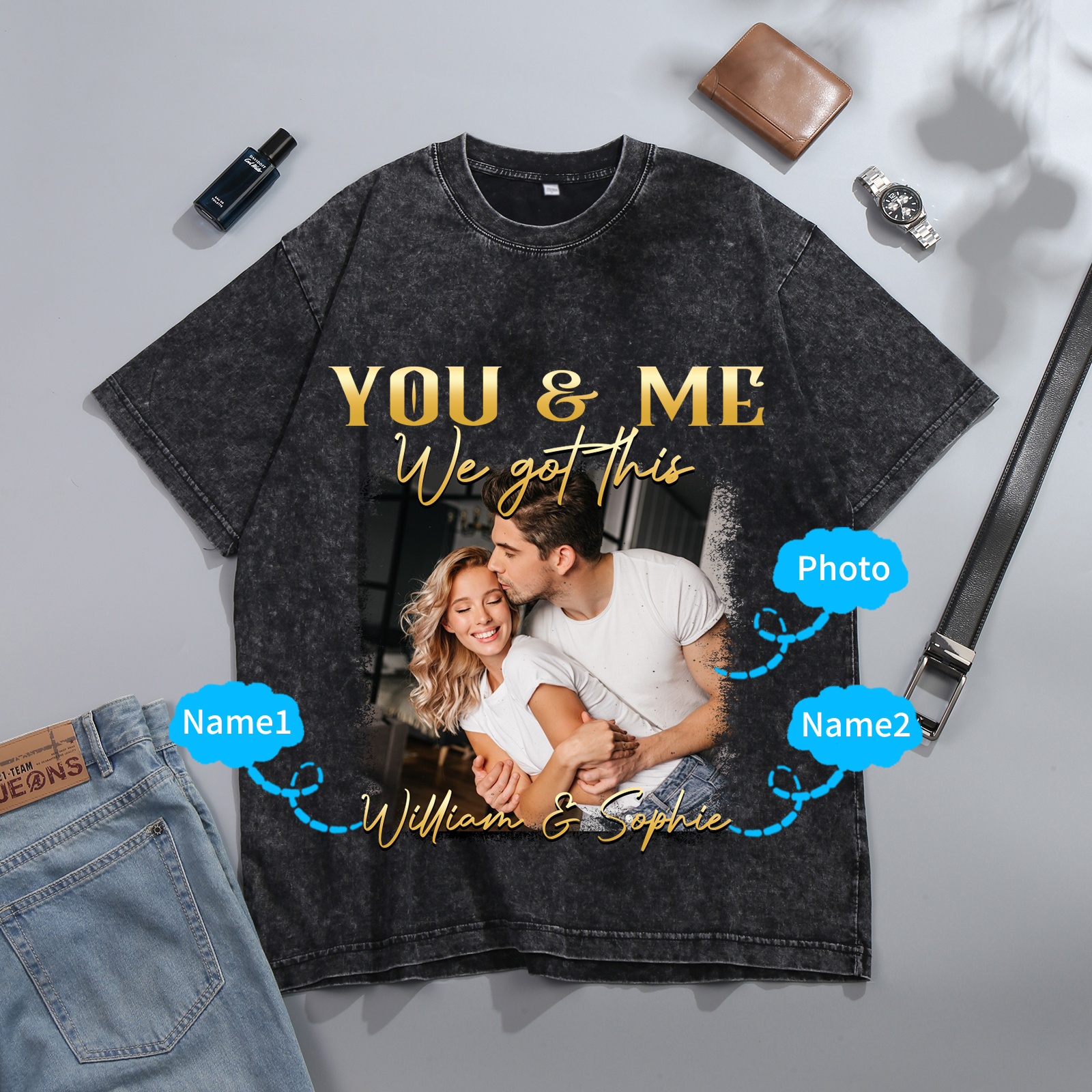Personalised Couple T-Shirt –  with Custom 2 Names and 1 Photo - "YOU & ME, We Got This" | Valentine’s Day Gift for Him/Her | Jessemade