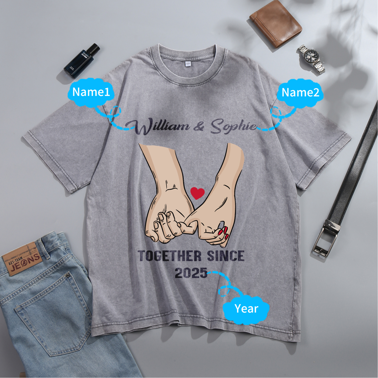 Personalised Couple T-Shirt –  with Custom 2 Names and 1 Date, Hand-in-Hand Graphic – "TOGETHER SINCE" | Valentine’s Day Gift for Him/Her | Jessemade