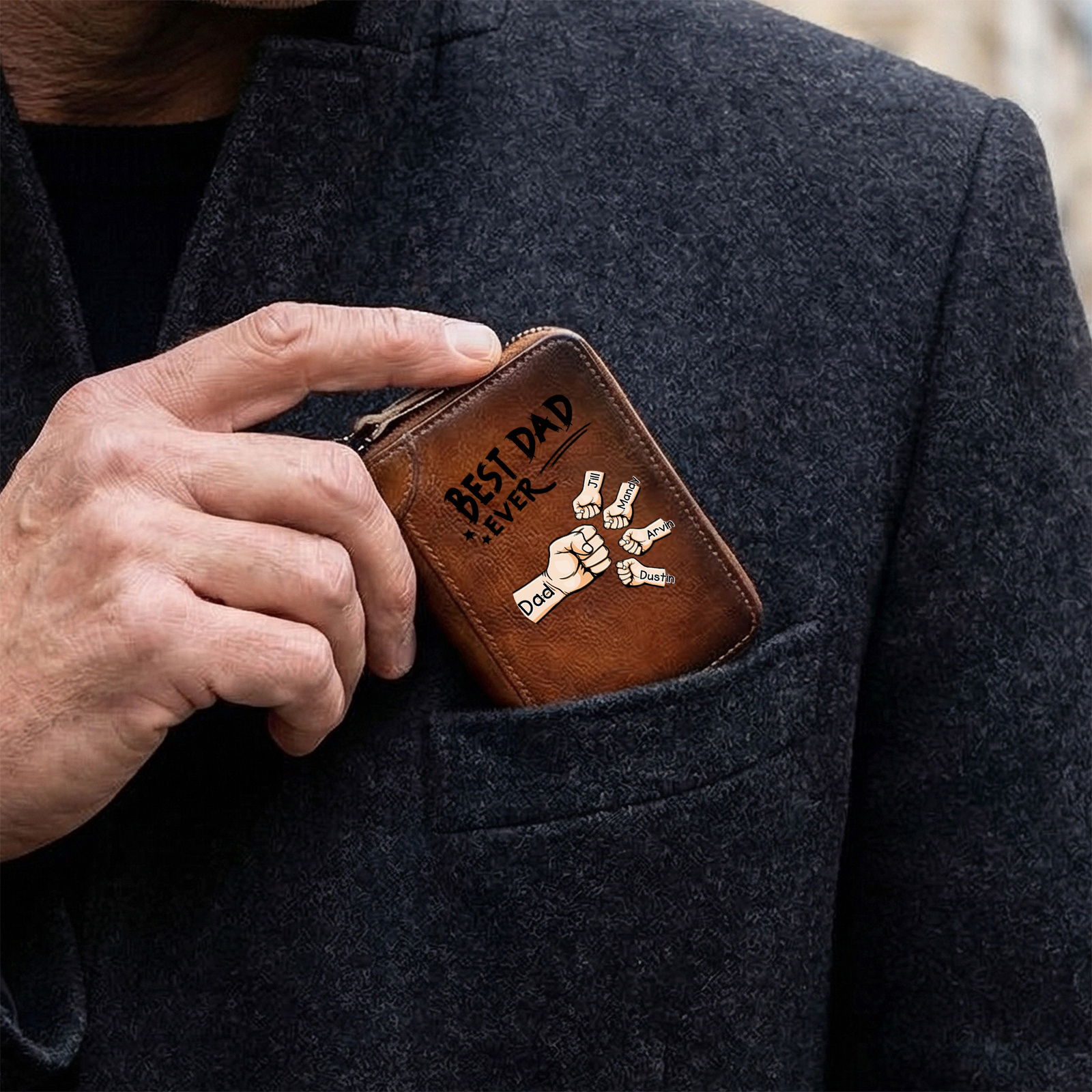 Personalized Genuine Leather Card Holder Custom with 1–6 Names and Fists Zippered Wallet for the Best Dad Grandpa