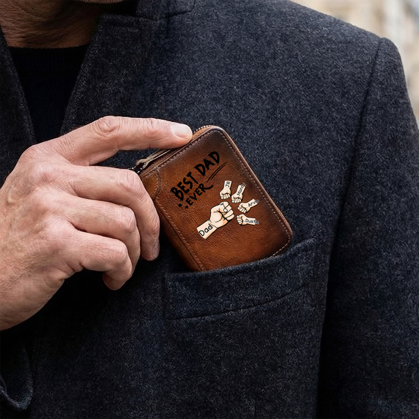 Personalized Genuine Leather Card Holder Custom with 1–6 Names and Fists Zippered Wallet for the Best Dad Grandpa