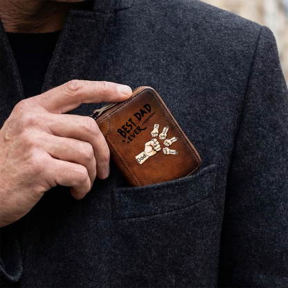 Personalized Genuine Leather Card Holder Custom with 1–6 Names and Fists Zippered Wallet for the Best Dad Grandpa
