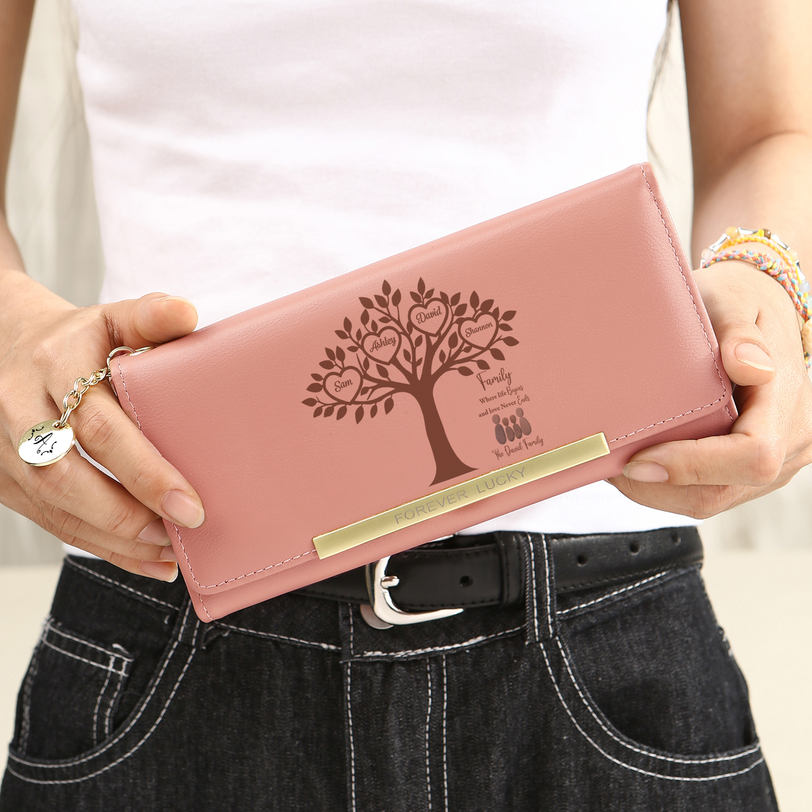 Personalized 2–6 Name Pebble Family Tree Pink Leather Wallet for Mom
