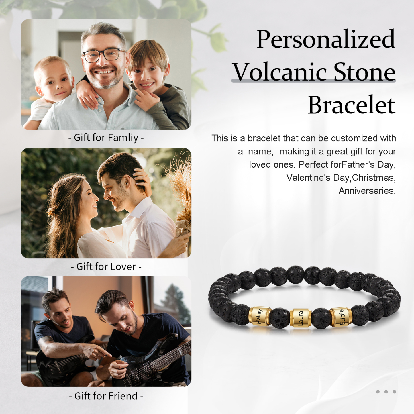 3 Names-Personalized Men's Bracelet Engraved Beads Bracelet Personalized Gift for Him