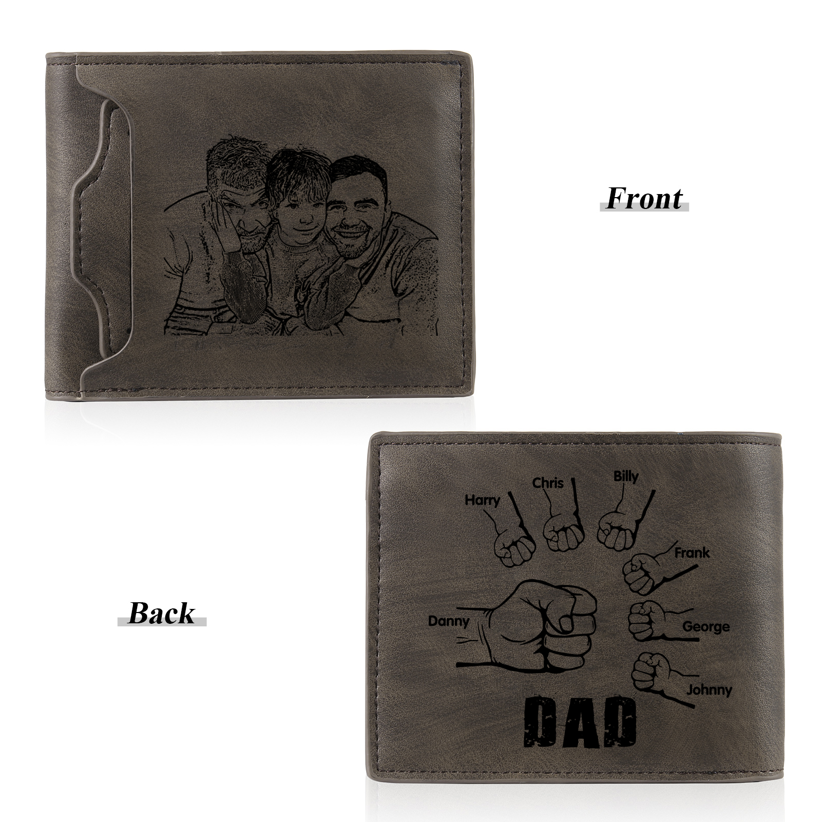 7 Names - Personalized Photo Custom Leather Men's Folding Wallet as a Father's Day Gift for Dad