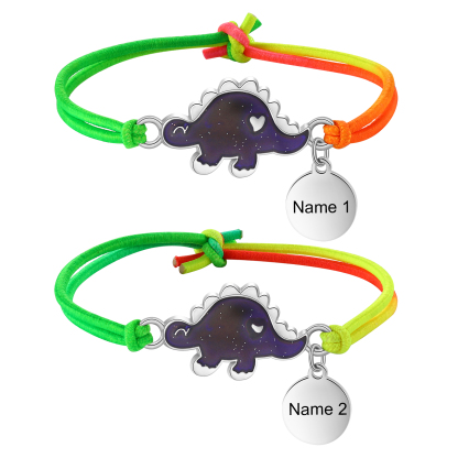 2 Pcs Personalized Name Color Changing Bracelets Cute Cartoon Animal Dinosaur Stretch Bracelet Set Back to School Gift for Girls