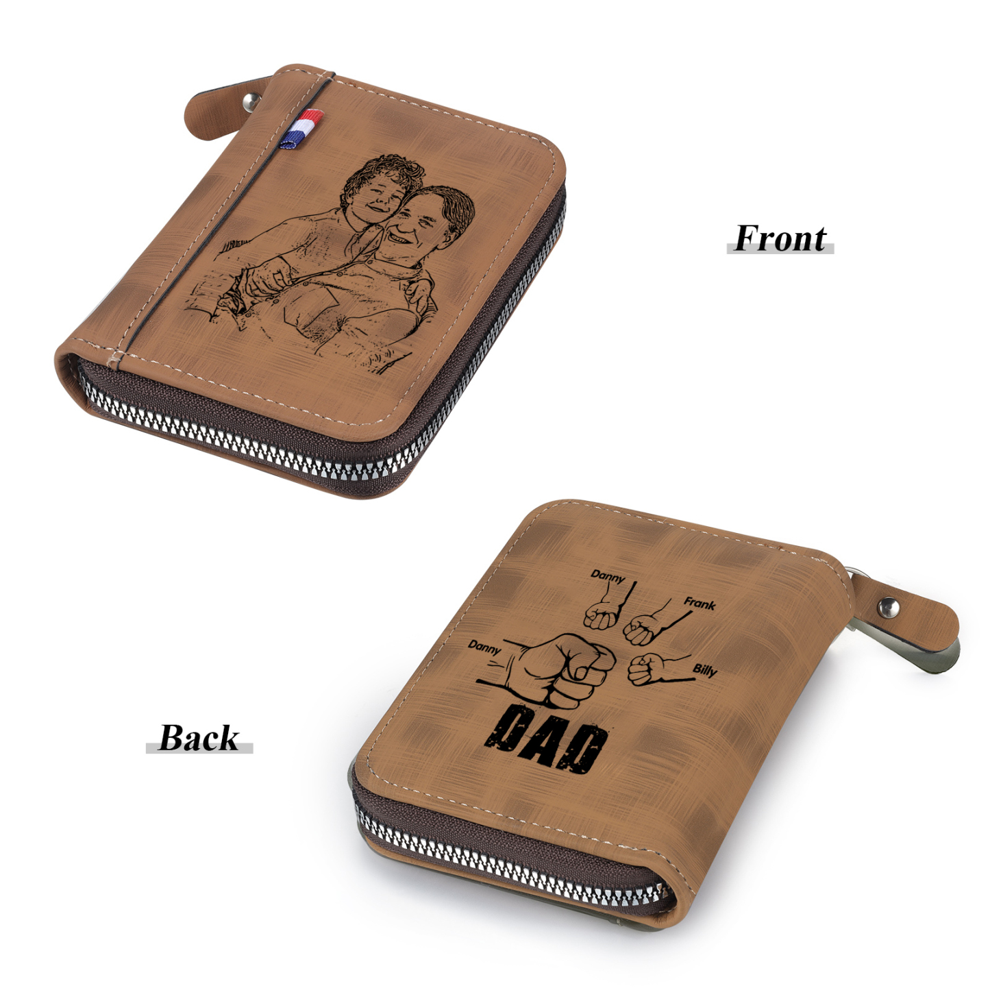 4 Names - Personalized Photo Text Custom Leather Men's Wallet Custom Name Zipper Wallet for Dad
