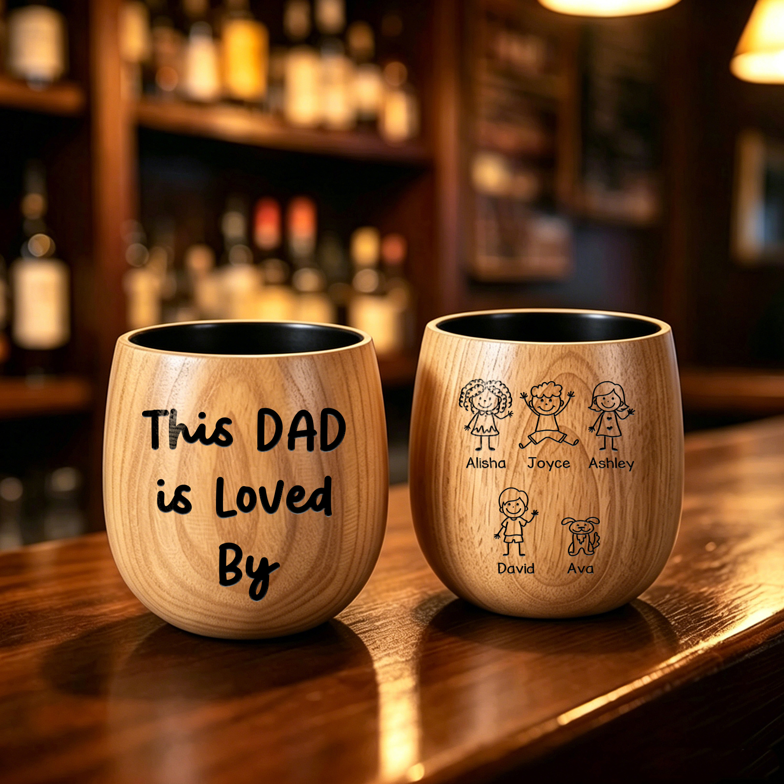 Personalized Wooden Whiskey Tumbler Engraved Mug Customized with 1-8 Kids Names