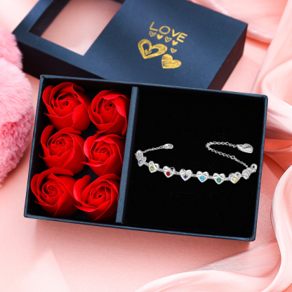 2-8 Names-Personalized Linked Heart Bracelet With 3 Birthstones Engraved Names And Text Bangle For Her | Jessemade