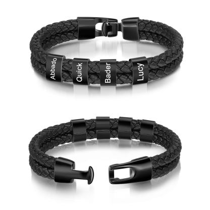 Personalized Braided Leather Bracelet Engraved 4 Names Men's Bracelet for Him