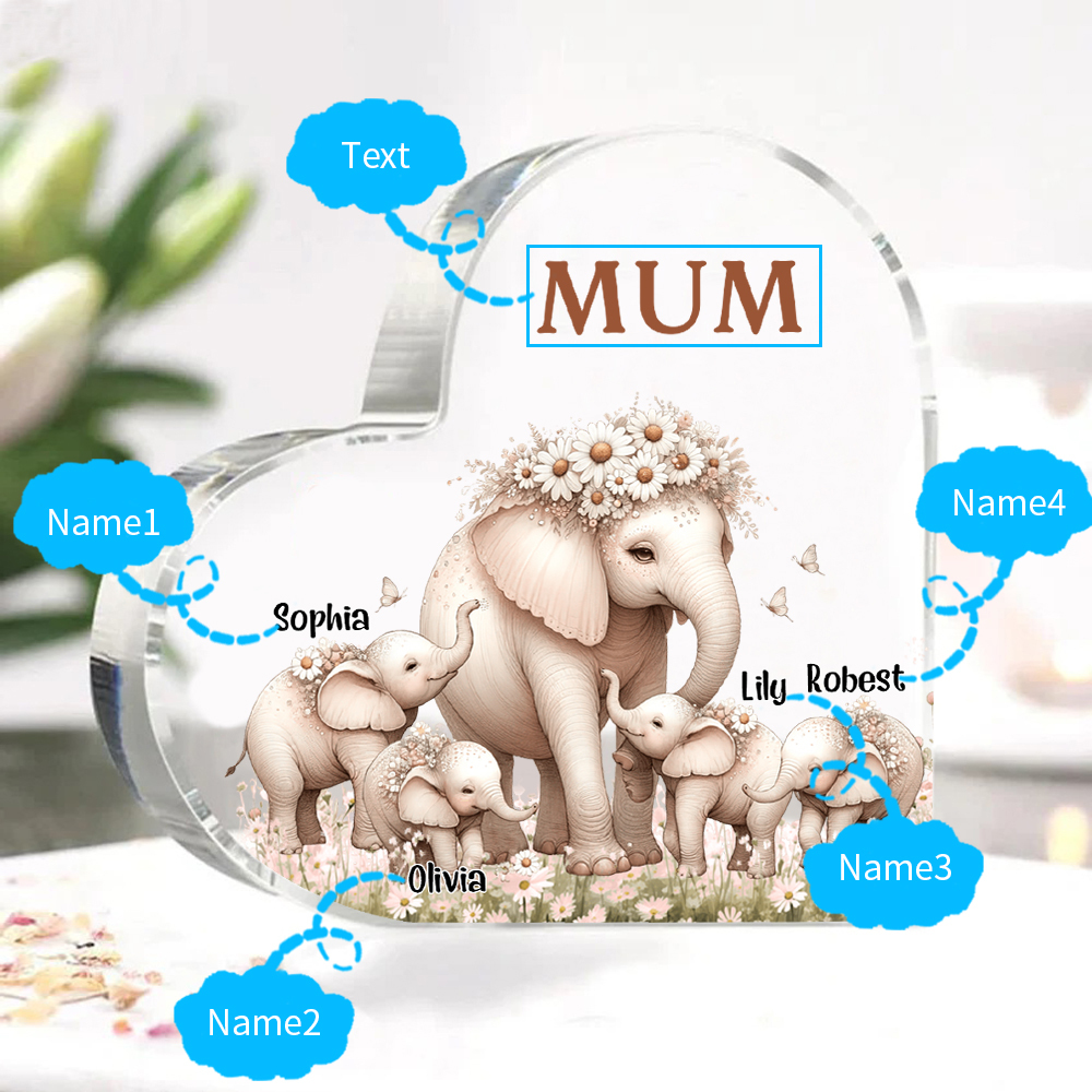 4 Names-Personalized Elephant Acrylic Heart Keepsake Custom Text Acrylic Plaque Ornaments Gifts for Mom