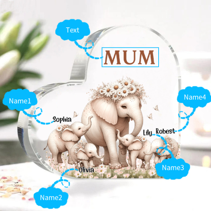4 Names-Personalized Elephant Acrylic Heart Keepsake Custom Text Acrylic Plaque Ornaments Gifts for Mom