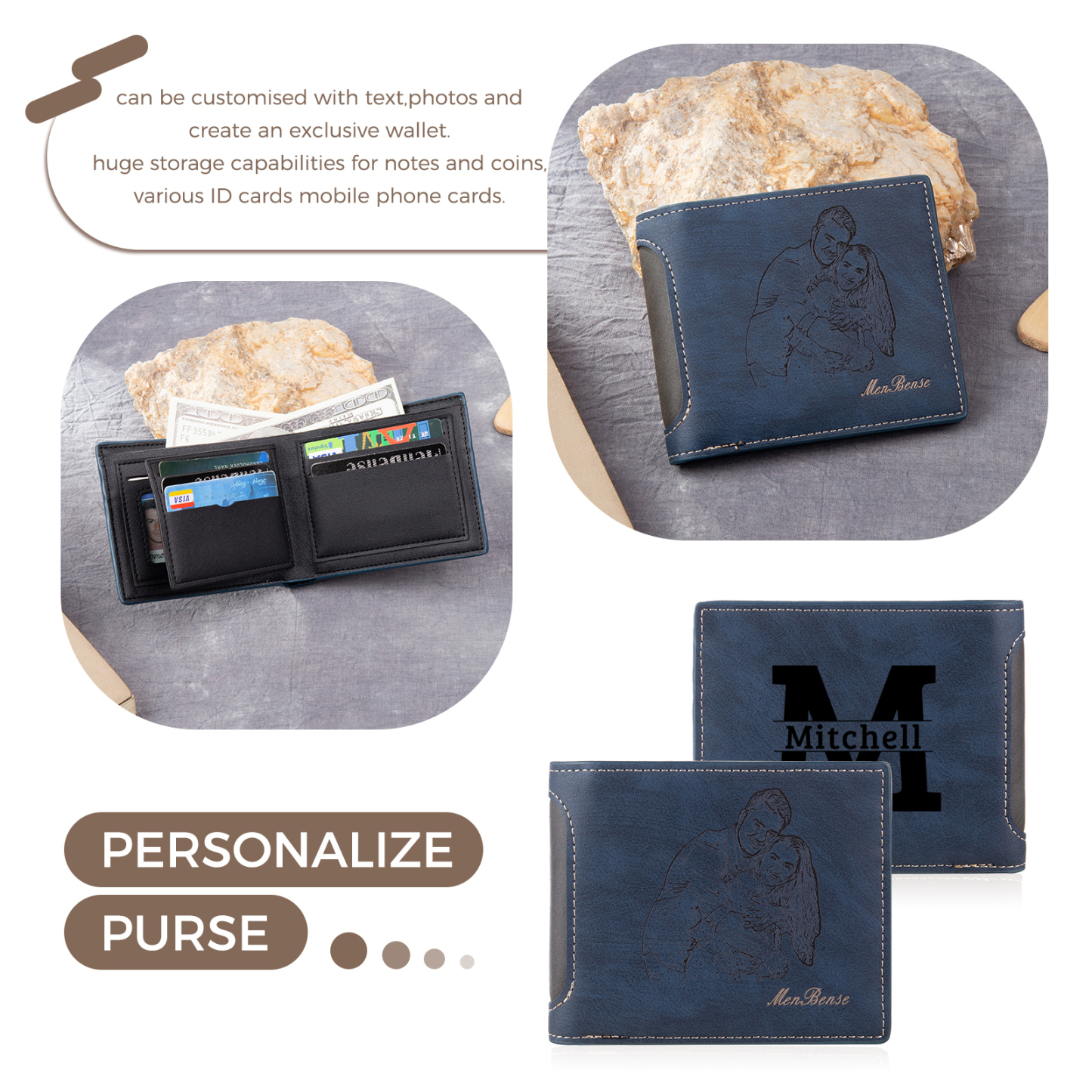 Personalized Leather Folding Wallet With Photo, Name and Letter, Gift For Dad