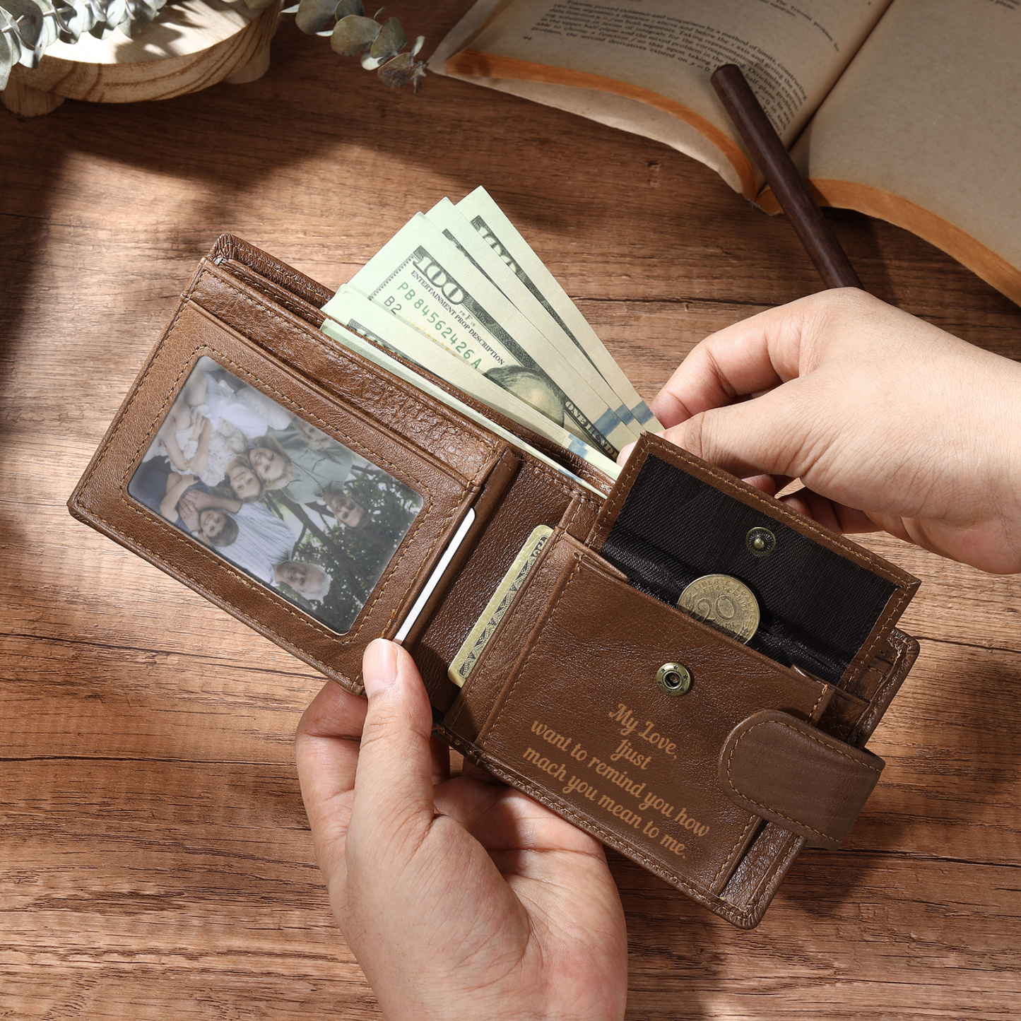Personalized Leather RFID Blocking Bifold Wallet for Men with Snap Closure Name or Initials Engraved