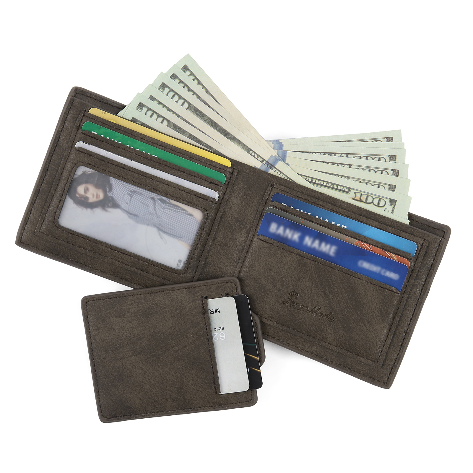 4 Names - Personalized Photo Custom Leather Men's Folding Wallet as a Father's Day Gift for Dad