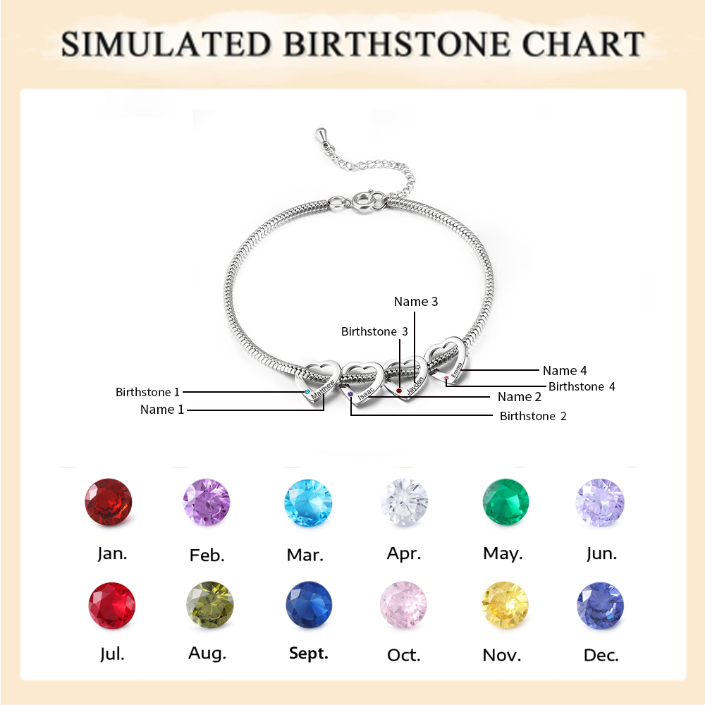 Personalized Anklet Bracelet for Women With Engraved 4 Names And Birthstones With Engraved Heart Shaped Charm  - Mother's Day Gift for Mom