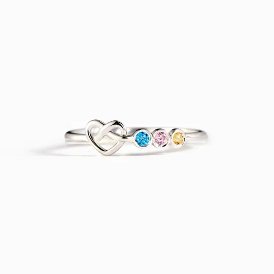 Family Ring Personalized 3 Birthstones Heart Knot Ring Band