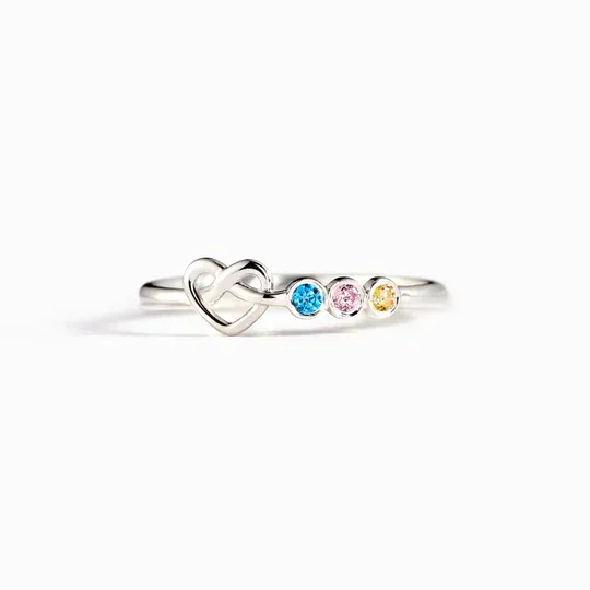 Family Ring Personalized 3 Birthstones Heart Knot Ring Band