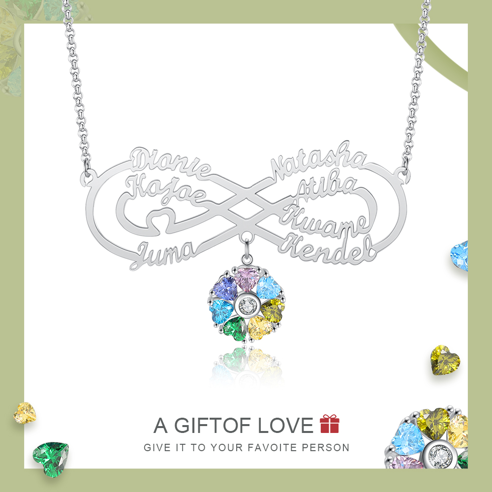 Personalized Infinity Necklace With 7 Birthstones Engraved Names Necklace Gift For Women
