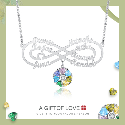 Personalized Infinity Necklace With 7 Birthstones Engraved Names Necklace Gift For Women