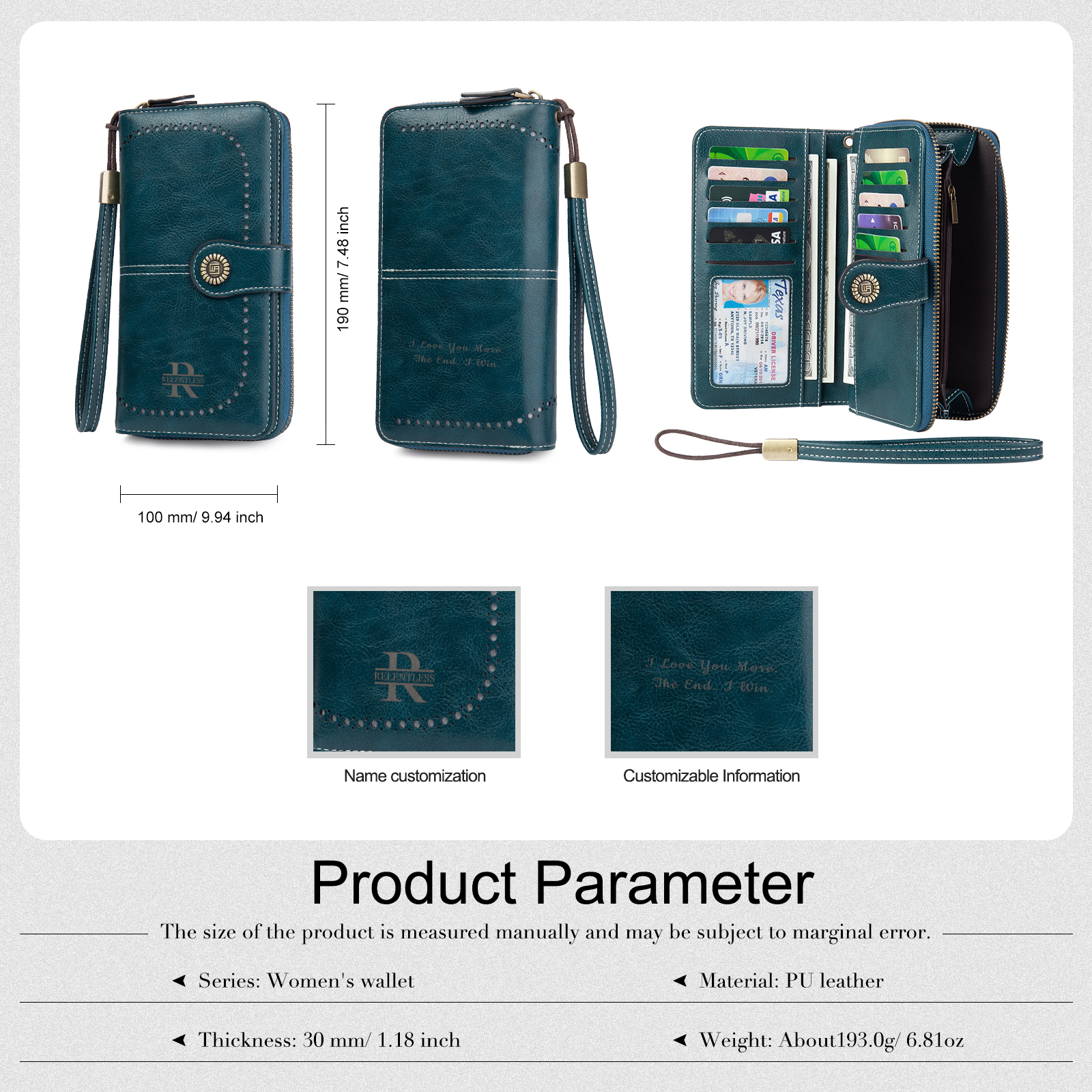 4 Colors Unisex Purse Personalized Leather Wallet Engraving Names Zip Wallet Gifts for Men Women