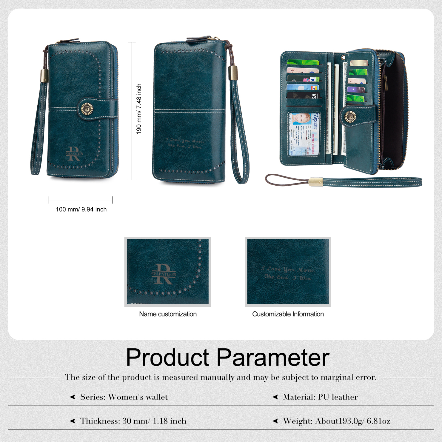 4 Colors Unisex Purse Personalized Leather Wallet Engraving Names Zip Wallet Gifts for Men Women