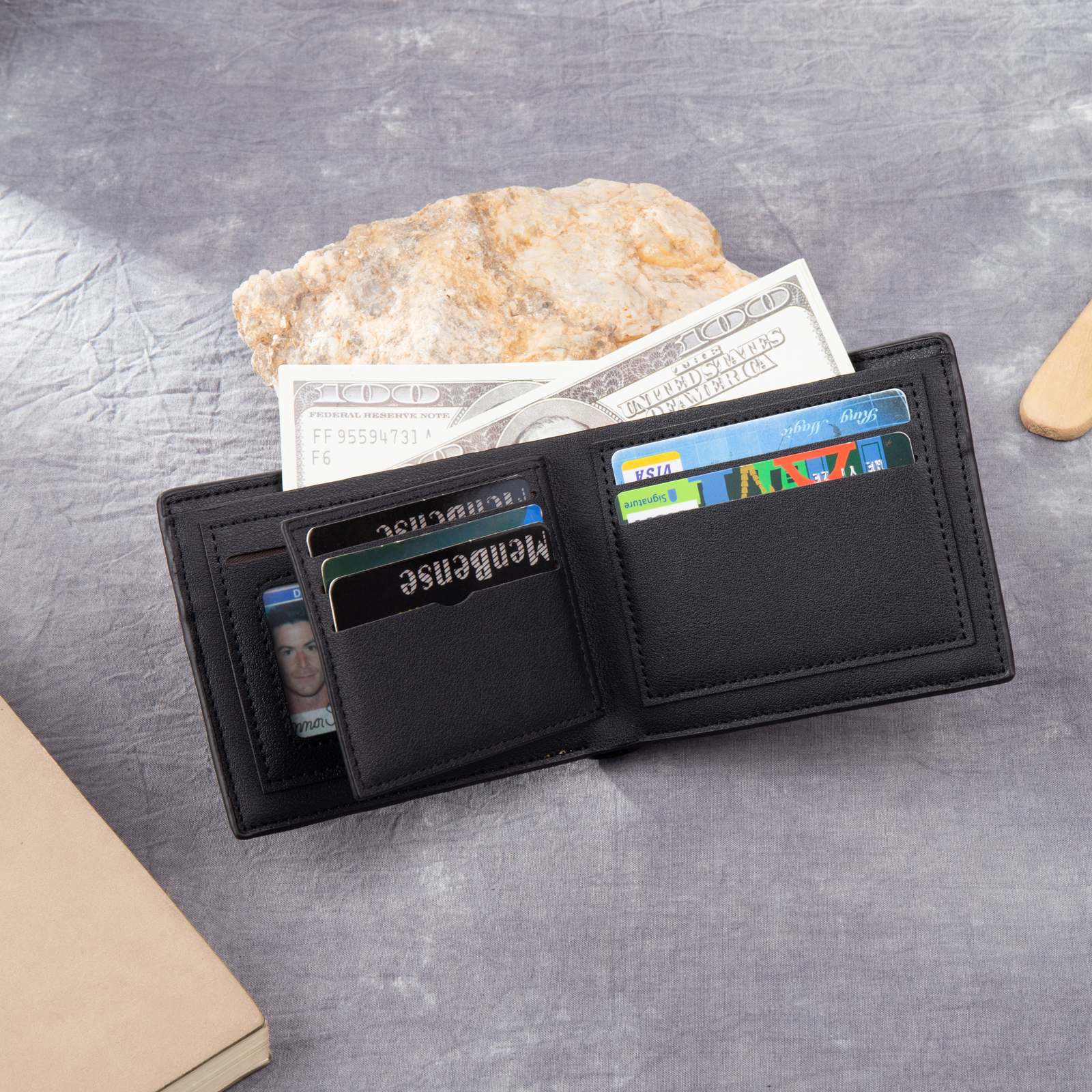 6 Names - Personalized Photo Custom Leather Men's Folding Wallet as a Father's Day Gift for Dad