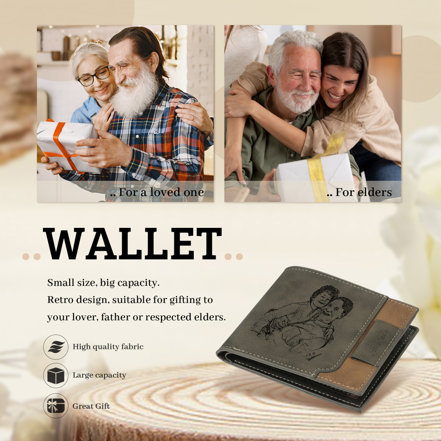 5 Names - Personalized Photo Custom Leather Men's Folding Wallet as a Father's Day Gift for Dad