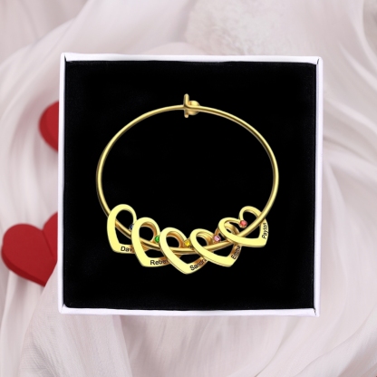 2 Names-Personalized Heart Bangle With 2 Names and Birthstones Bangle Bracelet Gifts For women