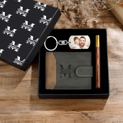 Personalized Leather Wallet Gift Box Set with Keychain Customizable Photo Letter and Name Wallet Gift for Dad