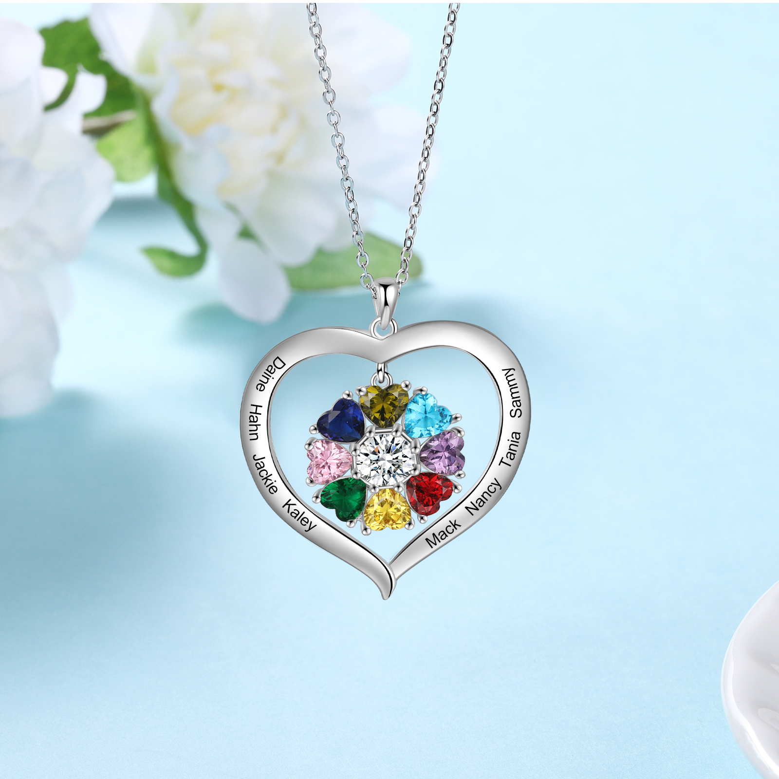 Personalized Heart Pendant Necklace with 8 Birthstones Engraved Names Family Necklace Gifts for Her