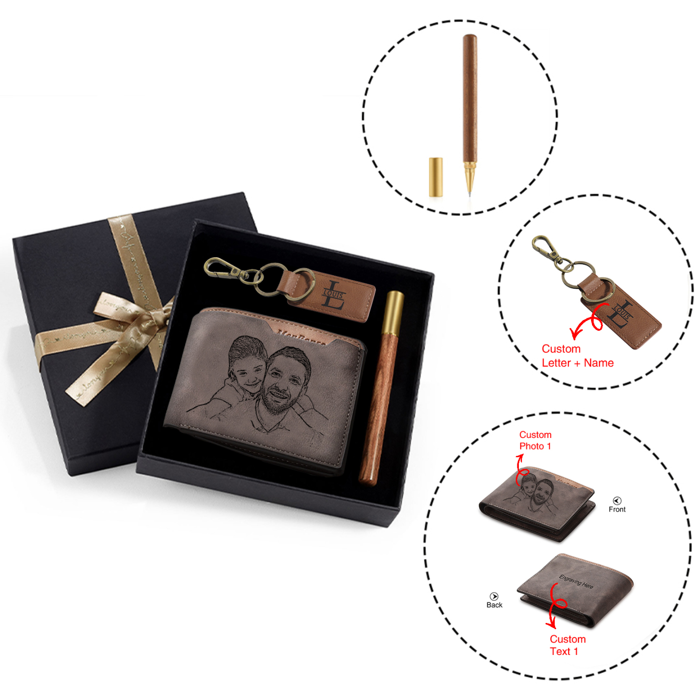 Photo Personalized Leather Wallet Gift Box Set with Keychain Customizable Letter Name Wallet Gift for Him