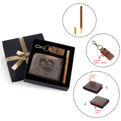 Photo Personalized Leather Wallet Gift Box Set with Keychain Customizable Letter Name Wallet Gift for Him