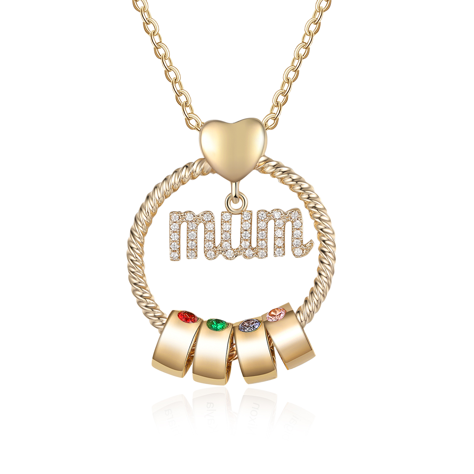 Personalized Circle Necklace With 4 Birthstones Pendant Engraved Names Gift For Mum