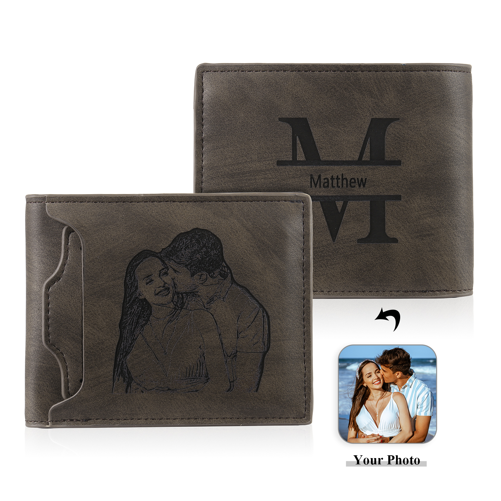 Personalized Name Leather Men's Wallet With Card Slot Engraved Letter And Photo Gift For Him