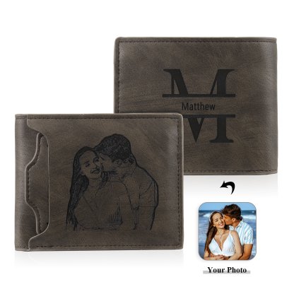 Personalized Name Leather Men's Wallet With Card Slot Engraved Letter And Photo Gift For Him
