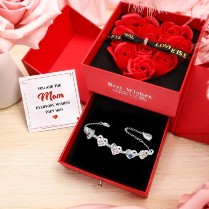2-8 Names-Personalized Linked Heart Bracelet With 3 Birthstones Engraved Names And Text Bangle For Her | Jessemade