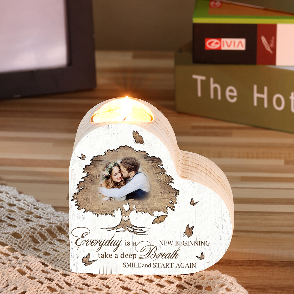 Mothers Gifts Personalized Love Couple Heart Candle Holder Engrave Photo Wooden Candlesticks Valentines Gift
