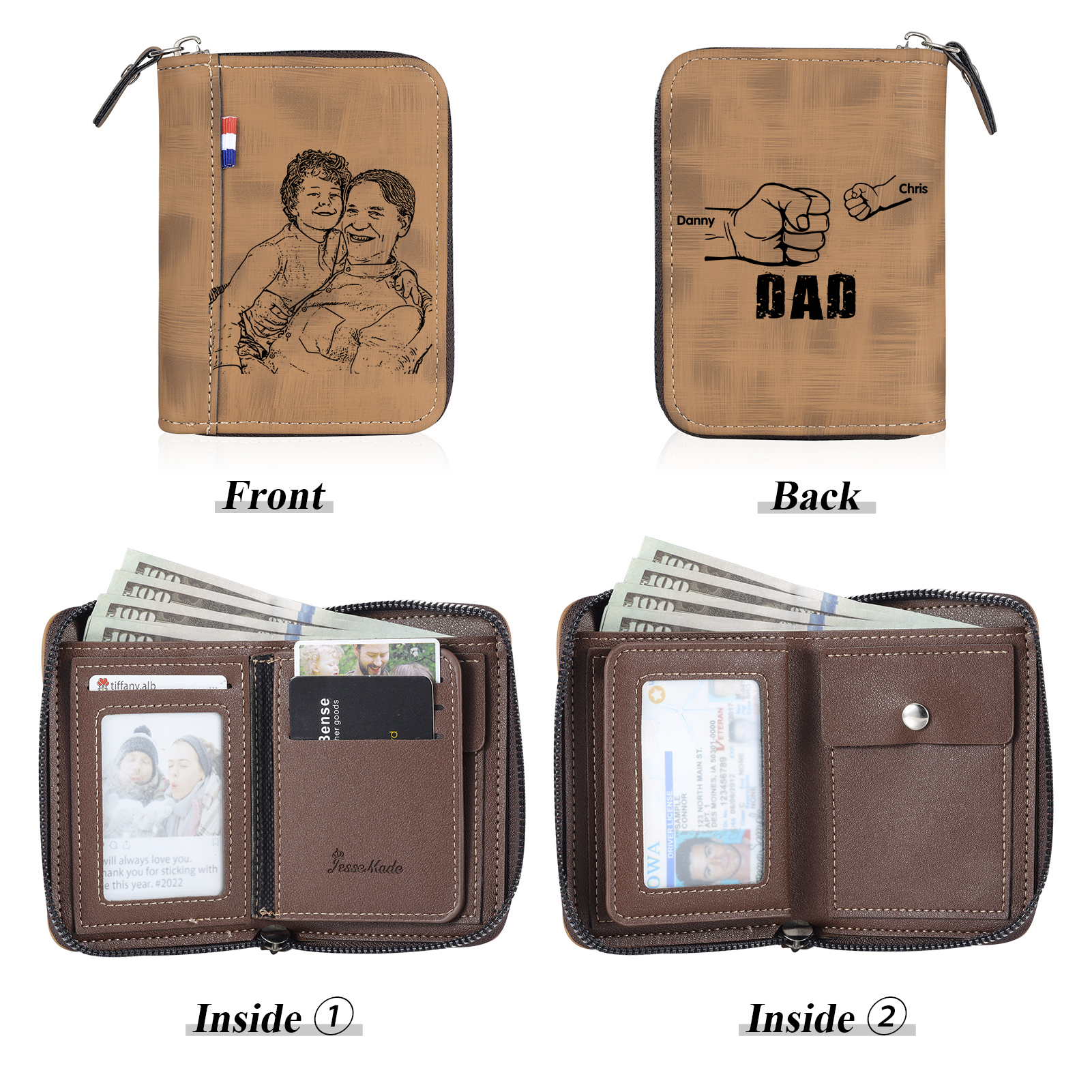 2 Names - Personalized Photo Text Custom Leather Men's Wallet Custom Name Zipper Wallet for Dad