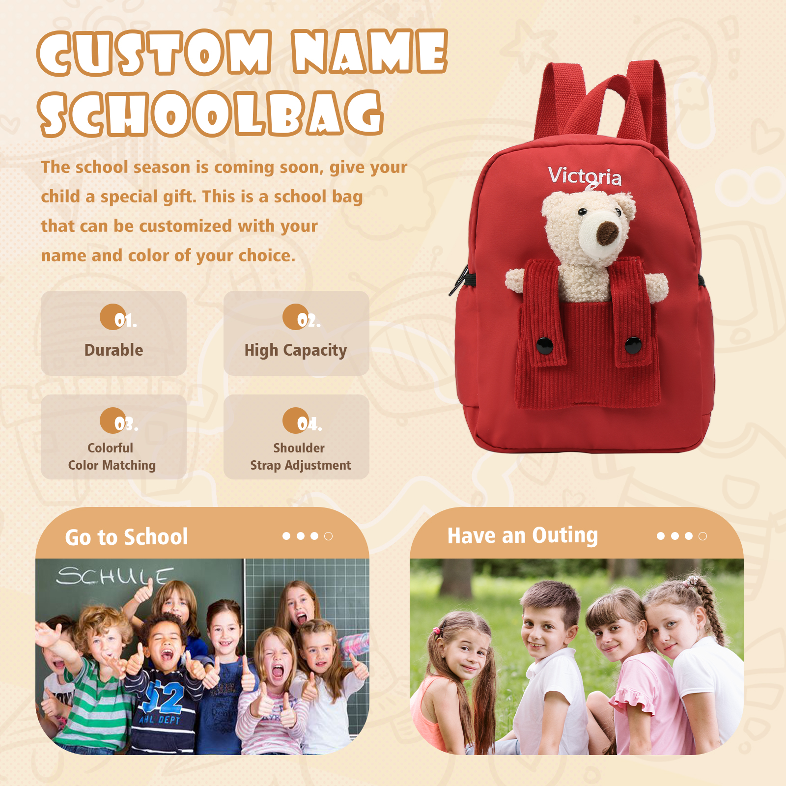 Personalized Bear Style School Bag Customized Name Canvas Kids Backpack Back to School Gift
