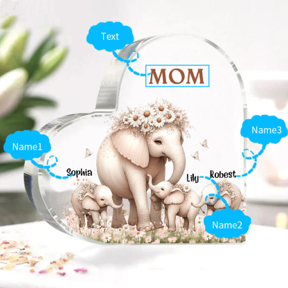 3 Names-Personalized Elephant Acrylic Heart Keepsake Custom Text Acrylic Plaque Ornaments Gifts for Mom