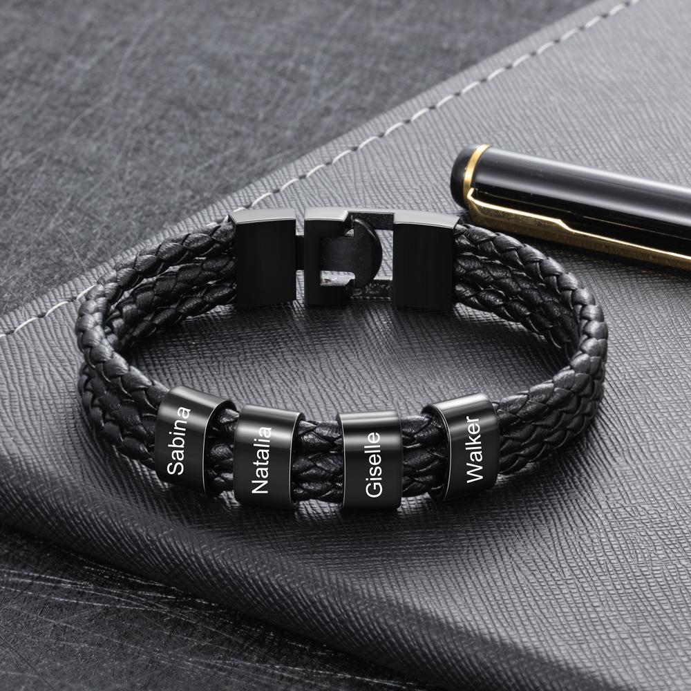 Personalized Braided Leather Bracelet Engraved 5 Names Men's Bracelet Gifts For Him