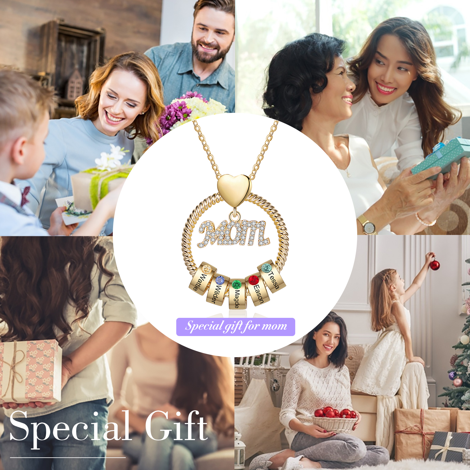 5 Names-Personalized Mom Necklace Set With  Premium Custom Necklace With 5 Birthstones Engraved Names Gift For Mother