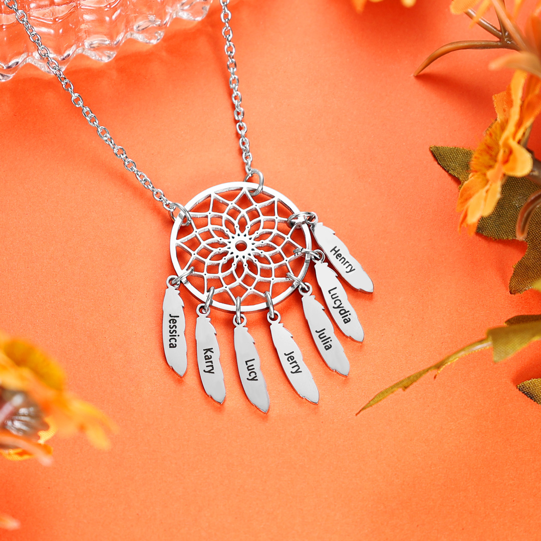 Personalized Retro Dream Catcher Necklace Engraved 7 Names Gift For Women