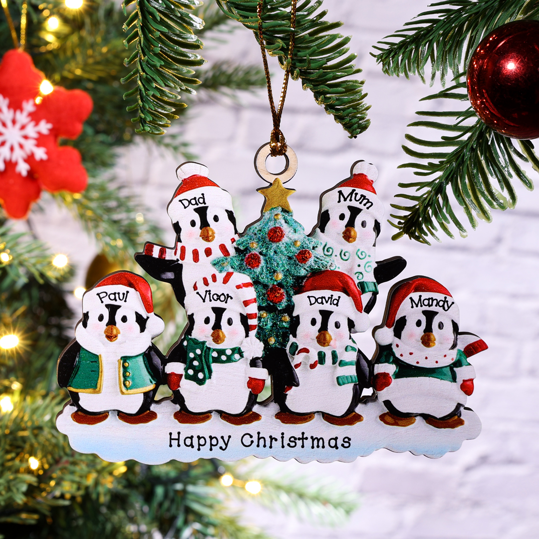 9 Names-Personalized Family Wooden Christmas Ornament-Custom 8 Names Hanging Ornament Gifts For Family-Winter Penguin Family